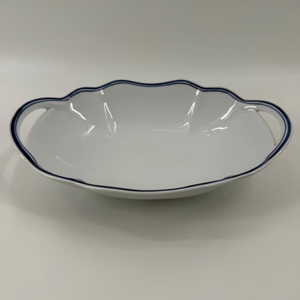 Vintage White Ceramic Oval Scalloped Serving Bowl Navy Blue Trim with Handles